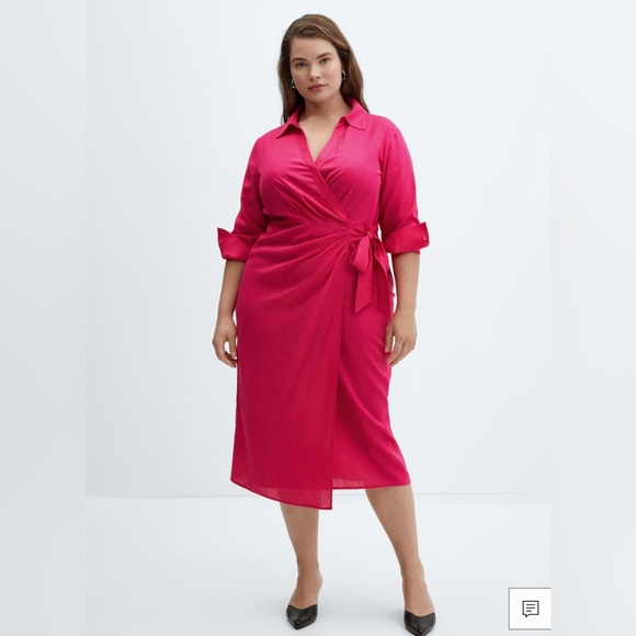 MANGO Linen shirt dress with bow Pink Sz 14 - Picture 1 of 16